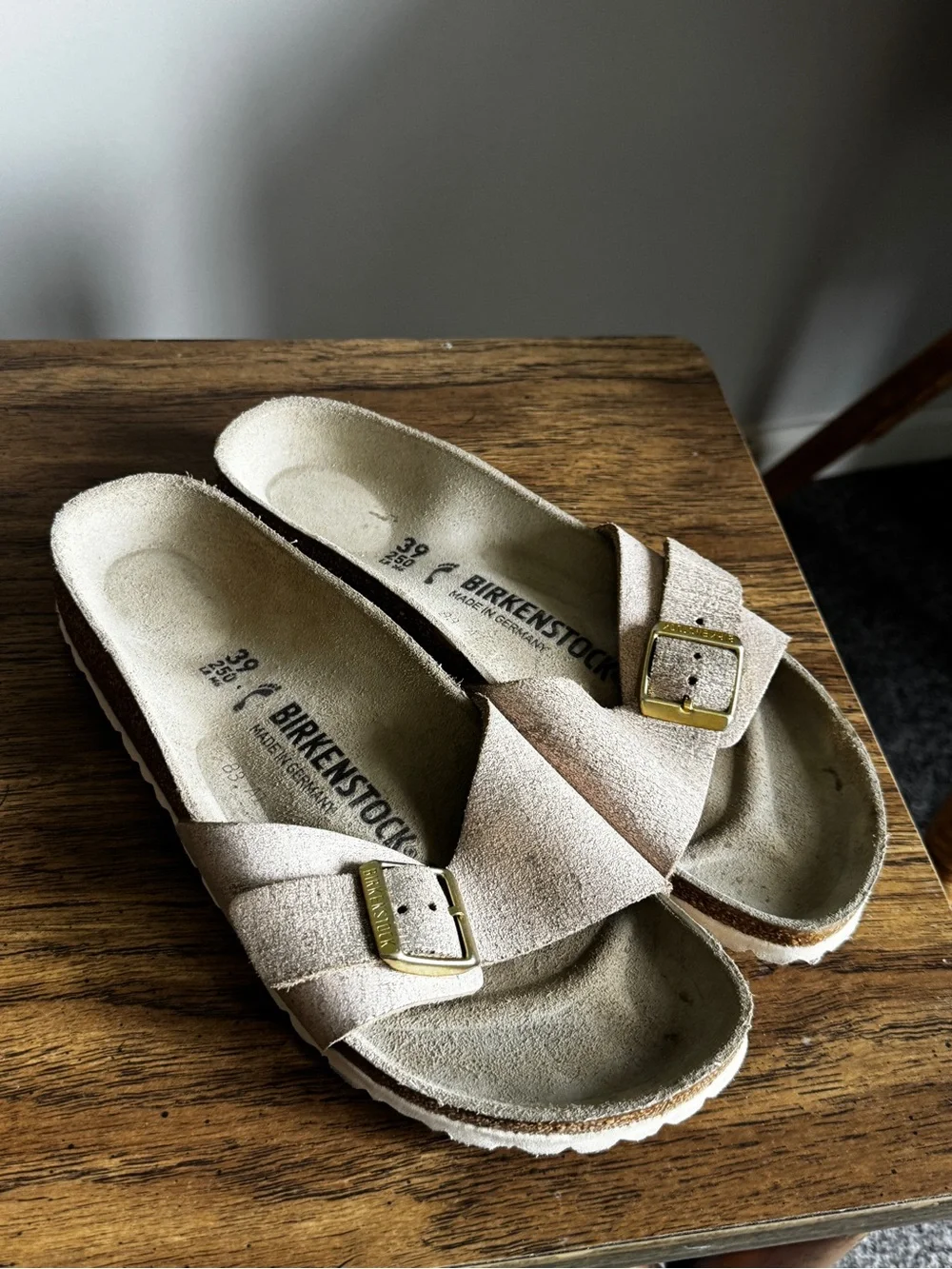 Birkenstock Beige Suede Single Strap Slide with Gold Buckle